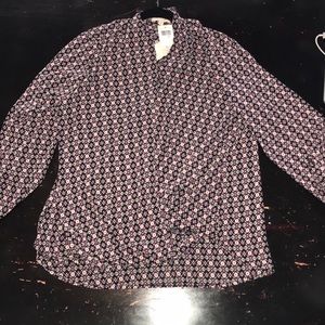 DLEIONE maroon, black, and white blouse.